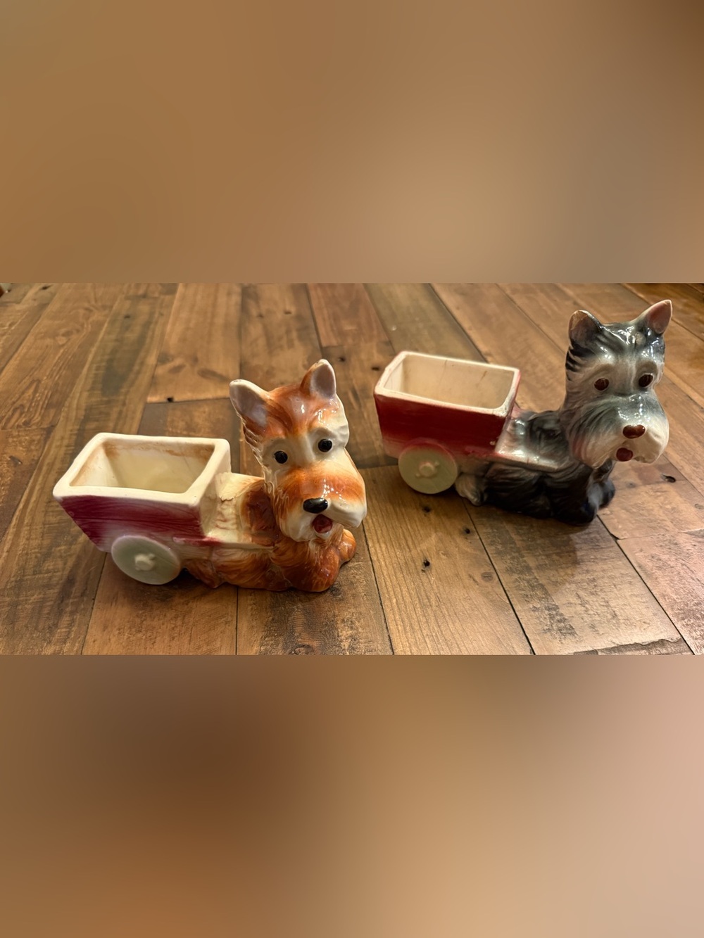 Vintage 1950’s Ceramic Scottie Dog Planters with Pull Wagon - Gray and Pink
